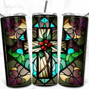 Cross Stained Glass 20oz Skinny Tumbler Sublimation Design Template, Digital Download Straight Tumbler Wrap PNG, Stained Glass PNG
