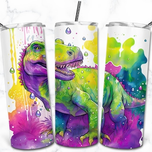 T-Rex Acuarela 20oz Plantillas de diseño de sublimación de vaso flaco, Descarga digital Envoltura de vaso recto PNG, Vaso de animales de la naturaleza