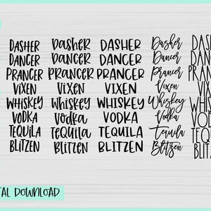 Pacchetto di svg di alcol per renne, nomi divertenti per renne svg, Natale da bere svg, Dasher Dancer Prancer Vixen Whiskey vodka Tequila Blitzen svg