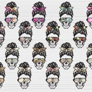 May include: A digital illustration of 18 skull designs with a messy bun hairstyle and sunglasses. Each skull has a different patterned bandana on its head. The skulls are all in black and white, with the bandanas and sunglasses in various colors.