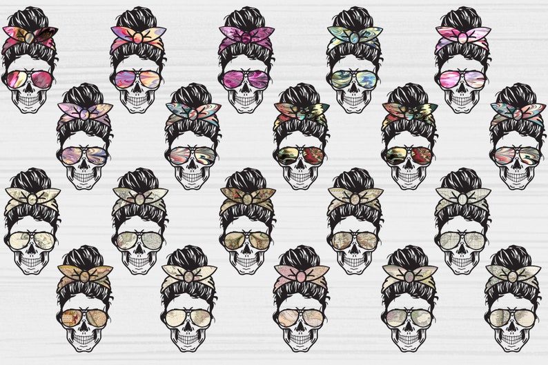 May include: A digital illustration of 18 skull designs with a messy bun hairstyle and sunglasses. Each skull has a different patterned bandana on its head. The skulls are all in black and white, with the bandanas and sunglasses in various colors.