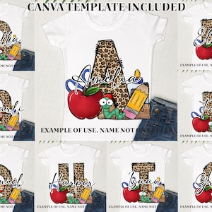 Letras de garabatos decorativas con estampado de leopardo escolar editables, haga su propia placa con nombre, carta personalizada para niños, bolsa de botín con nombres de sublimación