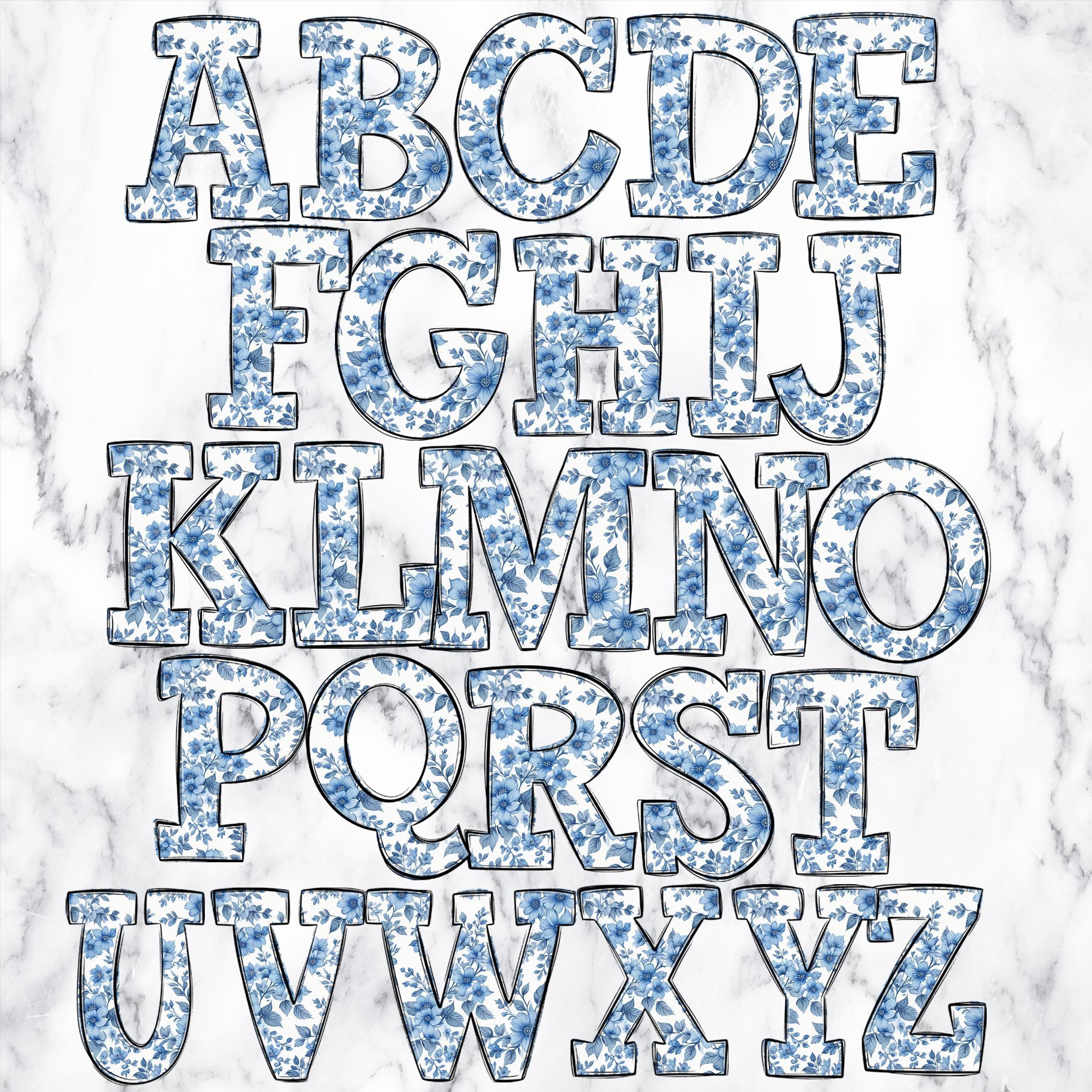 Chinoiserie Floral Doodle Letters PNG Bundle, Blue Toile Alpha Clipart ...