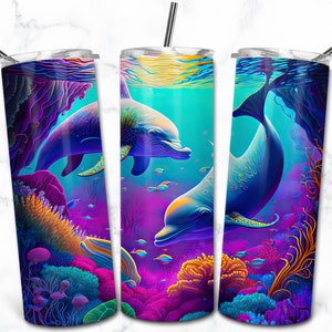 Delfin 20 Unzen Skinny Tumbler Sublimationsdesign, bunte Tumbler Wrap PNG, sofortiger digitaler Download, Regenbogen Alkohol Tinte