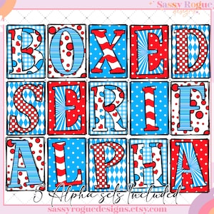 May include: Five alphabet sets in a boxed serif font. Each letter is in a different red, white, and blue patterned design. The text "5 Alpha sets included" is at the bottom of the image.