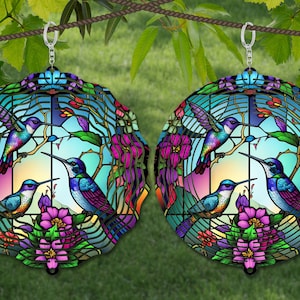 Hummingbird Wind Spinner Stained Glass Sublimation Design Template, Wind Spinner SVG, 10 inch Round Sublimation, Round Hanging Spinners png,