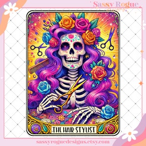 Der Hair Stylist Lustige Tarot-Karte PNG, sarkastischer schwörender Skelettschädel, Snarky Witchy Tarot, trendige Sublimation Png, Erwachsenen Humor Sarkasmus PNG