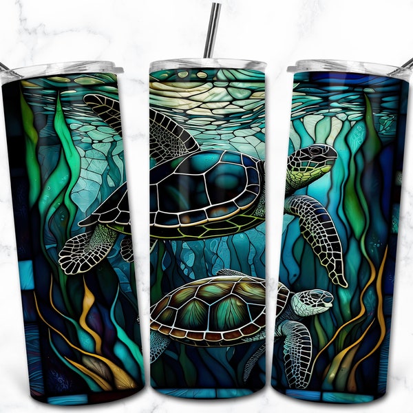 Sea Turtles Stained Glass 20oz Skinny Tumbler Sublimation Design Template, Digital Download Straight Tumbler Wrap PNG, Stained Glass PNG