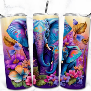 Diseño de sublimación de vaso flaco de elefante de 20 oz, envoltura de vaso colorido PNG, descarga digital instantánea, tinta de alcohol arco iris