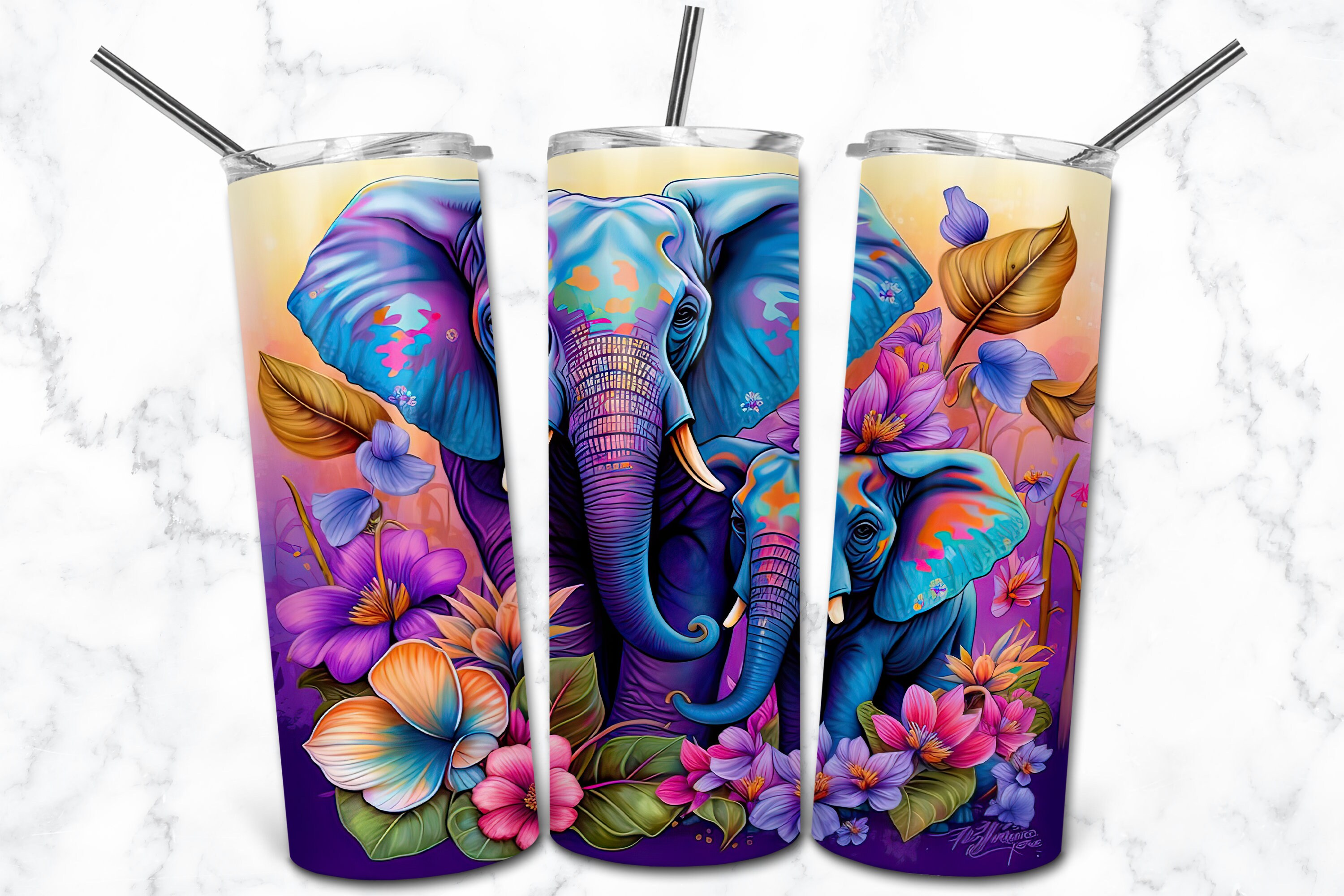 20 oz Skinny Straight 3D Elephant Tumbler - White Elephant - Cup Drink w/  Straw