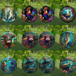 May include: Twelve colorful stained glass ornaments featuring various animals, including a polar bear, rooster, cow, seahorse, turtle, and seal. Each ornament is round and has a metal hanger.