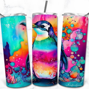 Diseño de sublimación de vaso flaco de pingüino de 20 oz, envoltura de vaso colorido PNG, descarga digital instantánea, tinta de alcohol arco iris