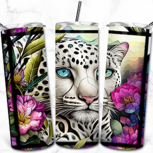 Snow Leopard Stained Glass 20oz Skinny Tumbler Sublimation Design Template, Digital Download, Stained Glass PNG, Animal Nature Tumbler