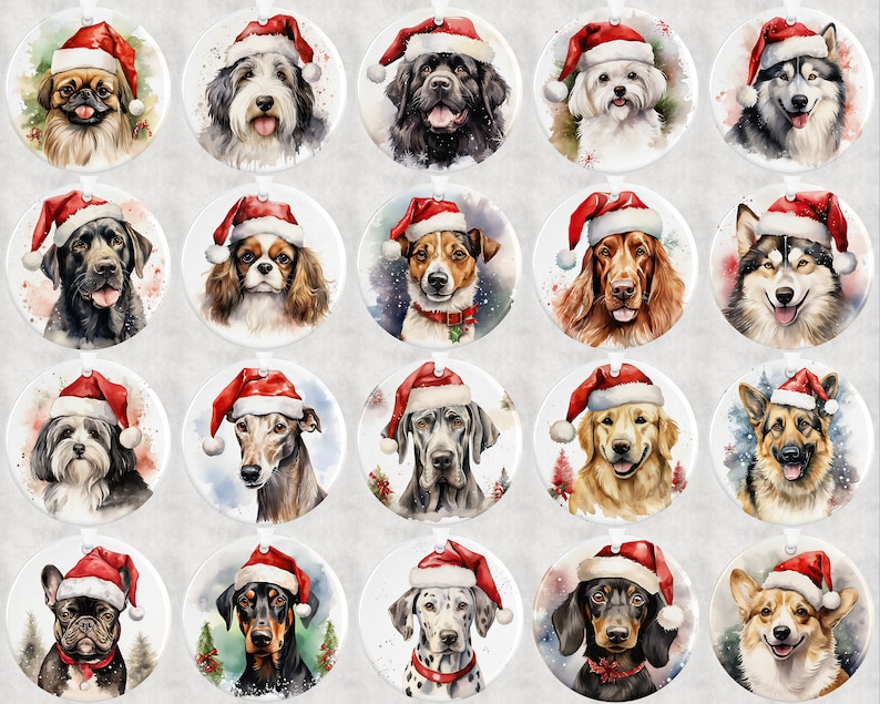Pode incluir: Vinte e quatro ornamentos de Natal redondos com pinturas em aquarela de v&aacute;rias ra&ccedil;as de c&atilde;es usando chap&eacute;us de Papai Noel. Cada ornamento tem um fundo branco com uma cena de neve azul claro.