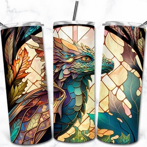 Dragon Stained Glass 20oz Skinny Tumbler Sublimation Design Template, Digital Download Straight Tumbler Wrap PNG, Stained Glass PNG