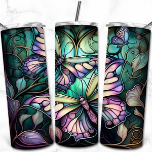 Modèle de conception de sublimation de gobelet maigre 20 oz vitrail papillon, téléchargement numérique droit gobelet Wrap PNG, vitrail PNG