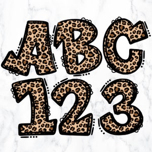 Conjunto de letras PNG de Doodle de chita, clipart de alfabeto, doodle desenhado à mão com estampa de leopardo, conjuntos alfa de sublimação PNG