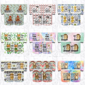 May include: A collection of ceramic mugs with various humorous designs. The mugs feature phrases like "Cluck Around and Find Out," "I Don't Need Your Attitude," and "Zero Fox Given." Other mugs display images of animals with sassy sayings.