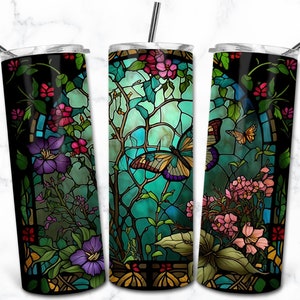 Papillon Vitrail 20oz Skinny Tumbler Sublimation Design Template, Téléchargement numérique Straight Tumbler Wrap PNG, Vitrail PNG