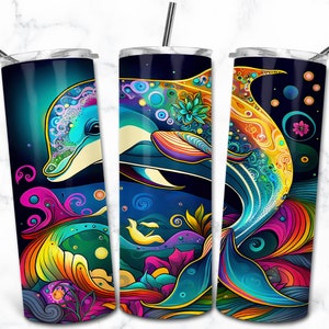 Conception de sublimation de gobelet maigre 20 oz dauphin, emballage de gobelet coloré PNG, téléchargement numérique instantané, encre à alcool arc-en-ciel