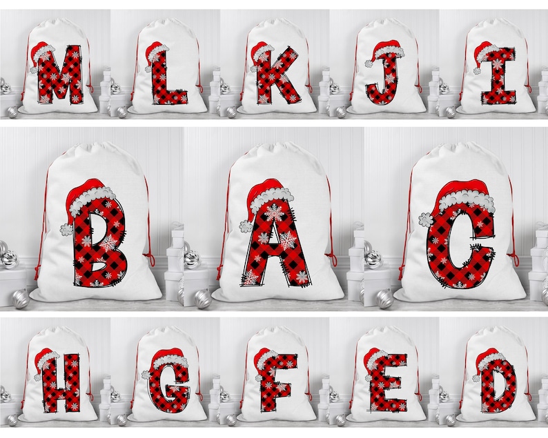 May include: Ten white Christmas gift bags with red and black plaid letters and Santa hats. The letters spell out "MERRY CHRISTMAS".