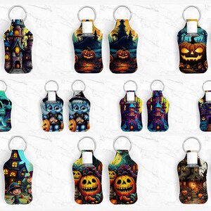 May include: Twelve pairs of Halloween-themed keychains. Each keychain features a different design, including a haunted house, a skull, a pumpkin, and a spooky character. The keychains are made of a soft, flexible material and are perfect for adding a touch of Halloween fun to your keys or bag.