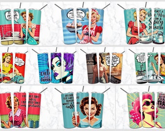 10 Sarcastic Retro Pop Art 20oz Skinny Tumbler Sublimation Design BUNDLE, Digital Download Straight Tumbler Wrap PNG, Sarcasm Tumbler
