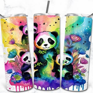 Panda aquarela 20 onças modelos de design de sublimação de copo magro, download digital embrulho de copo reto PNG, copo de natureza animal