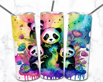 Panda Watercolor 20oz Skinny Tumbler Sublimation Design Templates, Digital Download Straight Tumbler Wrap PNG, Nature Animal Tumbler