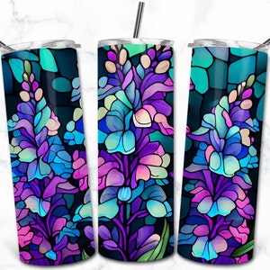 Modèle de conception de sublimation de gobelet maigre 20 oz vitrail Delphinium, téléchargement numérique, vitrail fleur, verre nature floral