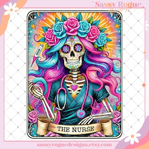 La enfermera divertida carta de tarot PNG, cráneo de esqueleto juramentado sarcástico, tarot brujo sarcástico, diseño de sublimación de moda, sarcasmo de humor adulto PNG