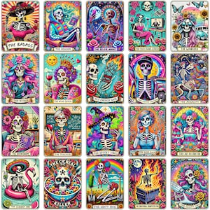May include: A set of 20 colorful digital art prints featuring skeletons in various poses and settings. Each print has a title, such as "The Badass", "The Wine Queen", and "The Spooky Vibes".