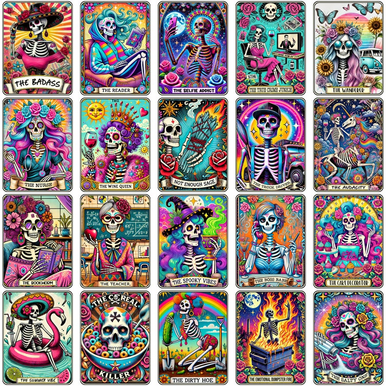 May include: A set of 20 colorful digital art prints featuring skeletons in various poses and settings. Each print has a title, such as "The Badass", "The Wine Queen", and "The Spooky Vibes".