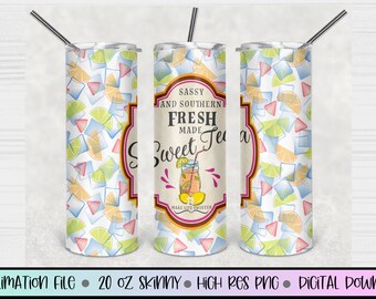 Design a sublimazione del bicchiere magro da 20 once di tè dolce, bicchiere di tè freddo da 20 once, bicchiere con etichetta per bevande, tè dolce Sassy e Southern Fresh Made