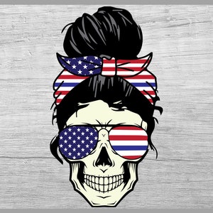 May include: An illustration of a skull with a messy bun hairstyle, sunglasses, and a headband, all decorated with the American flag. The sunglasses have a star-spangled design on the lenses.