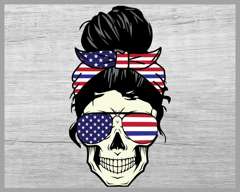 May include: An illustration of a skull with a messy bun hairstyle, sunglasses, and a headband, all decorated with the American flag. The sunglasses have a star-spangled design on the lenses.