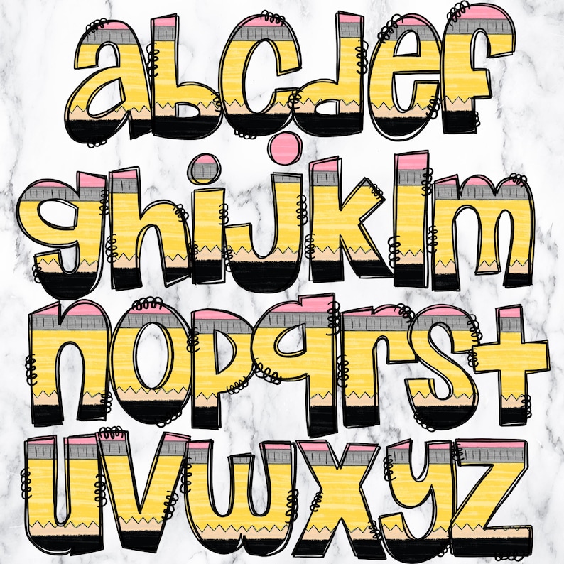 Blyertspenna Doodle Letters Alphabet PNG Bundle, Alfabet Clipart, Handritad Doodle för Lärare, Populära Sublimation Alpha Set Designs PNG bild 3