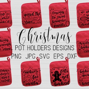 May include: Ten red Christmas-themed pot holders with black text and graphics. The text includes phrases like "life is what you bake it", "spread the love", "trying to earn brownie points", "we whisk you a merry Christmas", "baking through the snow", "Christmas baking crew", "Christmas calories don't count", "cookies for Santa", "let's get baked", and "baking spirits bright".