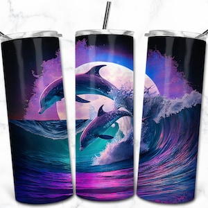 Delfin 20 Unzen Skinny Tumbler Sublimationsdesign, bunte Tumbler Wrap PNG, sofortiger digitaler Download, Regenbogen Alkohol Tinte