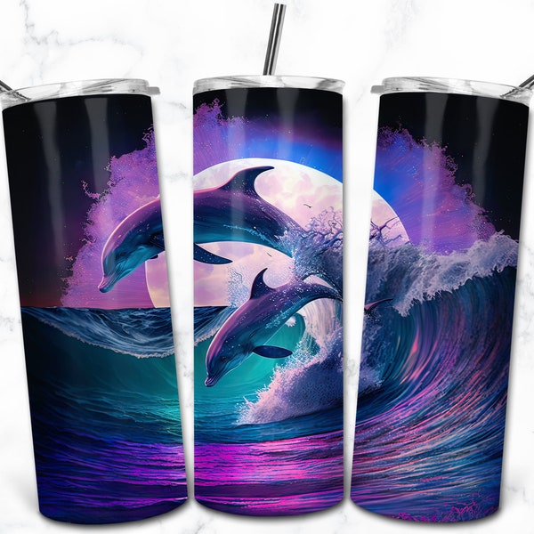 Dolphin 20oz Skinny Tumbler Sublimation Design, Colorful Tumbler Wrap PNG, Instant Digital Download, Rainbow Alcohol Ink