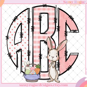 Cartas de doodle de monograma de Pascua, letras de conejito de monograma iniciales personalizadas para niños, letra de doodle de nombre de totalizador de sublimación de Pascua