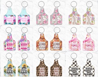 May include: Twelve different designs of keychains with floral, animal print, and checkered patterns. The keychains feature various sayings, including "World's Best Mom", "Being a Mom Makes My Life Complete", "Less Crazy Than Girls But Harder to Live With", "She is Mom", "Behind Every Great Kid is an Amazing Mom", "Please Excuse the Mess My Kids Are Feral", "I Run on Coffee Chaos & Cuss Words", and "Mama Mommy Mom Bruh!"
