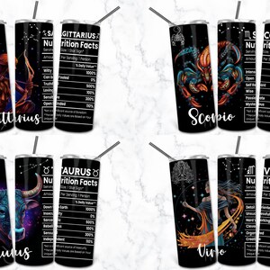 May include: Black stainless steel tumblers featuring zodiac signs Sagittarius, Scorpio, Taurus, and Virgo. Each tumbler has a unique design with the zodiac symbol and "Nutrition Facts" text.