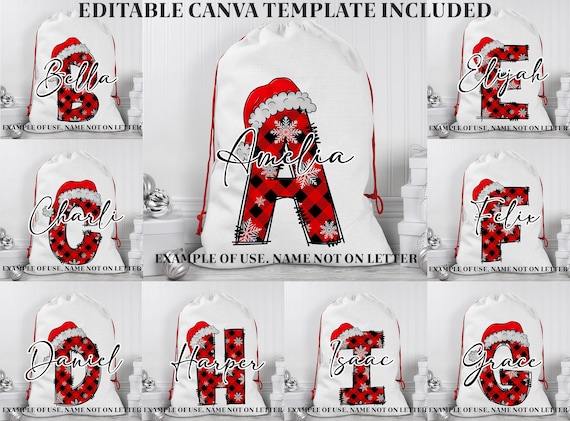 Custom Christmas Letter Santa Sack Doodle Letters, Santa Stocking Personalised Kids Letters, Santa Sublimation Tote Xmas Doodle Alphabet