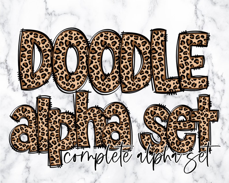 May include: Doodle alphabet set in a leopard print pattern. The letters are outlined in black and have a hand-drawn style. The text "complete alphabet set" is written below the letters.