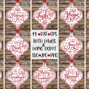 Puede incluir: Un conjunto de 14 diseños de adornos navideños imprimibles con caligrafía roja y blanca sobre un fondo blanco. Los diseños incluyen palabras como "Santa", "Peace", "Joy", "Faith", "Hope", "Love", "Noel", "Merry Christmas", "Blessed" y "Believe".