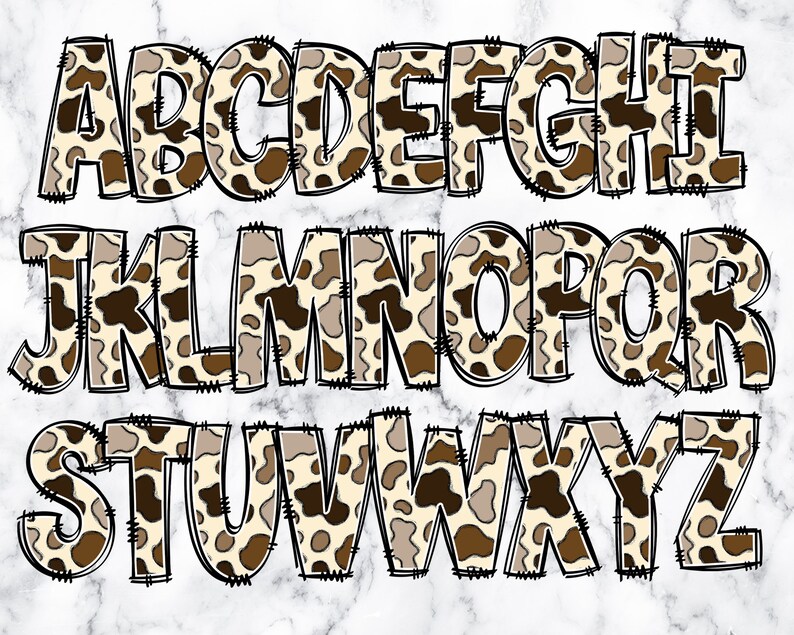 Cow Print Doodle Alphabet Letters PNG Bundle, Alphabet Clipart, Cow ...