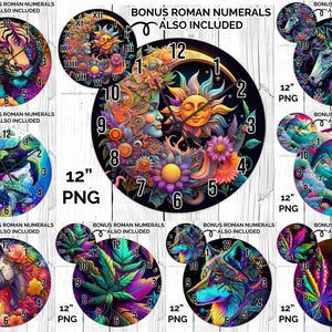 May include: A collection of colorful, decorative wall clocks, each 12 inches in diameter, featuring various designs. The designs include a tiger, a sun and moon, a unicorn, a sea turtle, a dolphin, a wolf, and cannabis leaves. Bonus Roman numerals are also included.