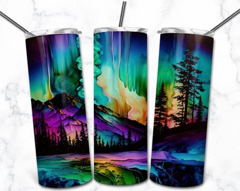 Northern Lights 20oz Skinny Tumbler Sublimation Design, Colorful Tumbler Wrap PNG, Instant Digital Download, Rainbow Alcohol Ink