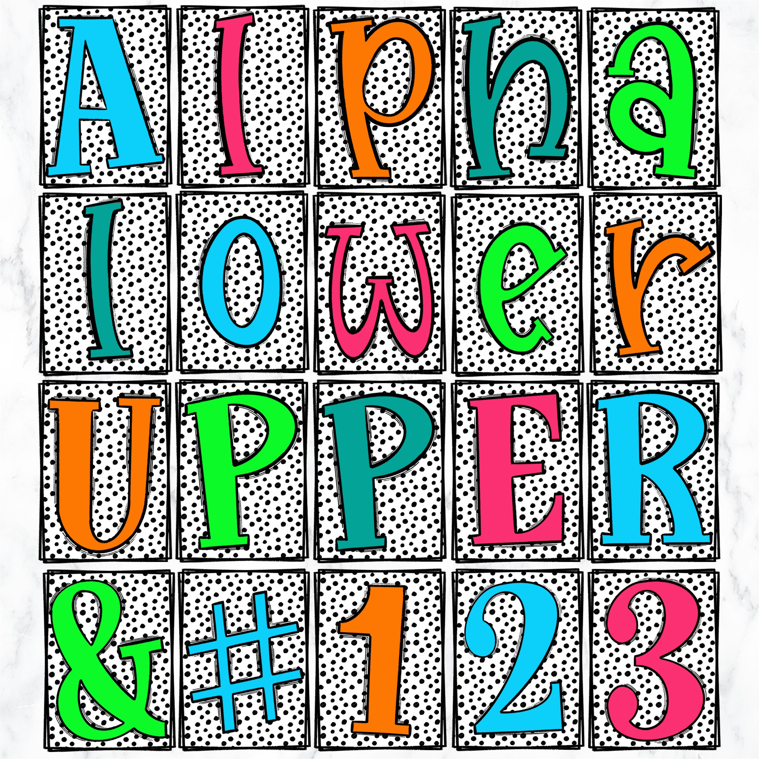 Dot Doodle Alphabet Letters PNG Bundle, Spot Alphabet Clipart